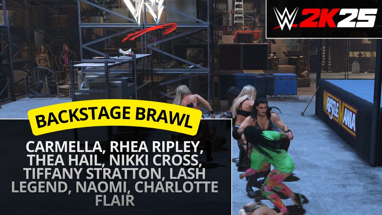 WWE 2K25 – Rhea Ripley vs Tiffany Stratton vs Charlotte Flair vs Naomi (Backstage Brawl)