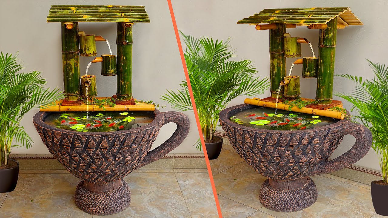 Creative ideas! Make coffee cup waterfall aquarium from cement