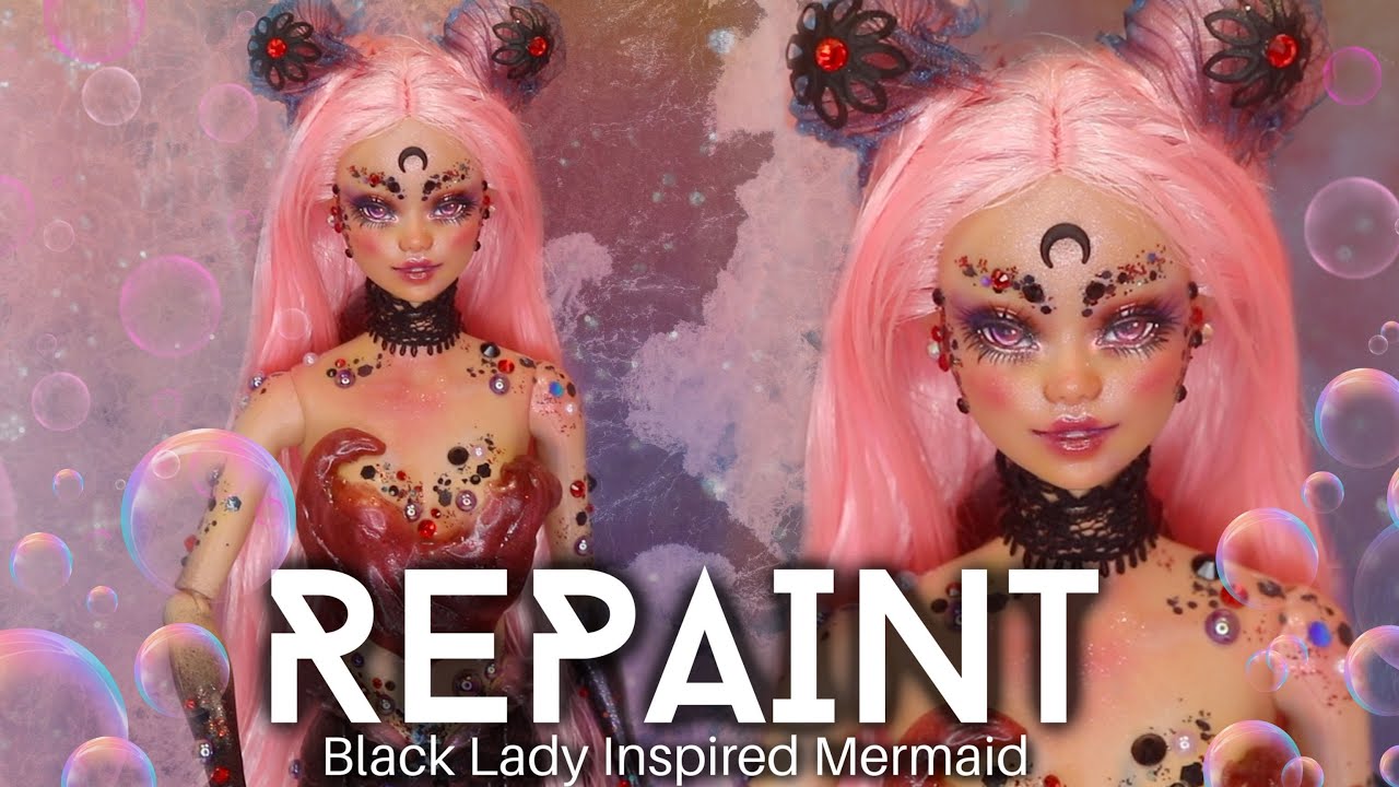 DOLL REPAINT ! MERMAY Black Lady Sailor Moon Inspired Mermaid Barbie Odile OOAK Custom Doll Tutorial