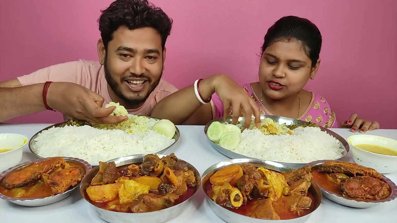 mutton curry, fish curry, dal aloo vendi vaja and rice eating challenge