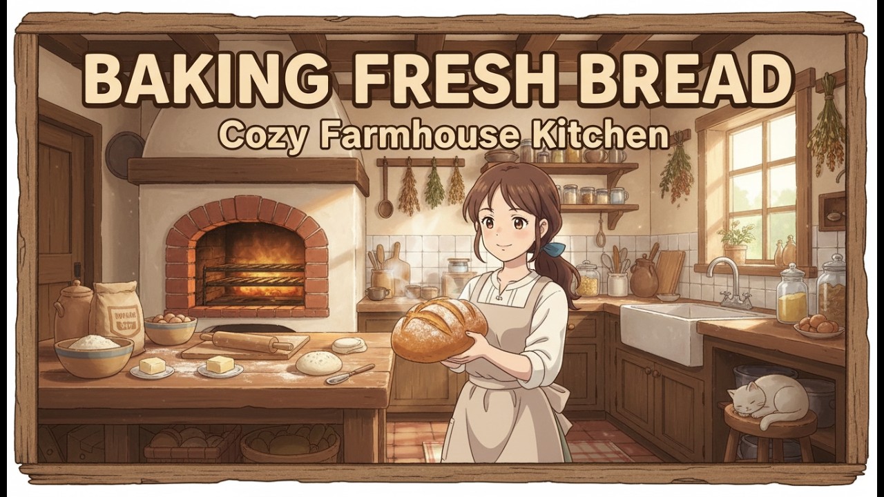 Baking Fresh Bread in a Cozy Farmhouse Kitchen | Peaceful Ghibli-Style Slow Life Morning