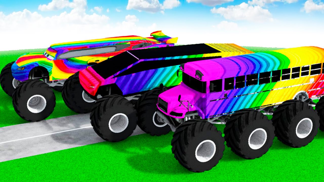 RAINBOW McQueen vs RAINBOW School Bus BTR vs RAINBOW Tesla Cybertruck BTR in Teardown!