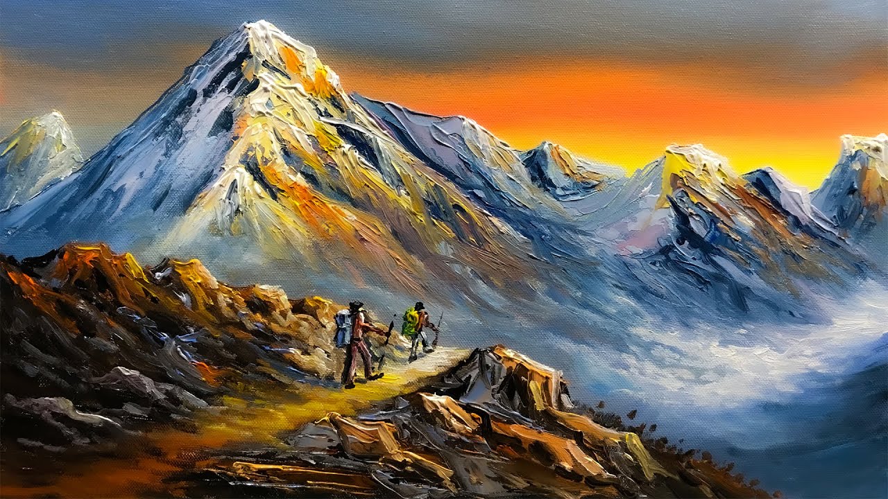 Golden Sunset Mountain Painting | Sunset Mountain acrylic landscape Painting | Nepali Painting