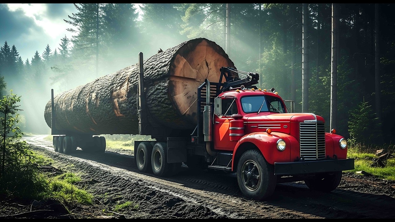 logging truck carrying extremely long giant timber logs on a multi trailer flatbed, driving on a mud