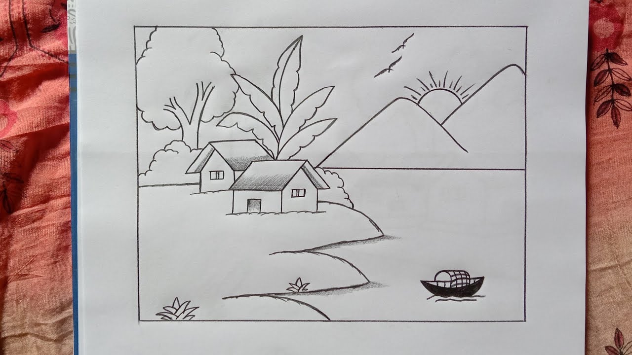 Village scenery drawing with pencil।। Village scenery drawing easy।। Beautiful scenery drawing