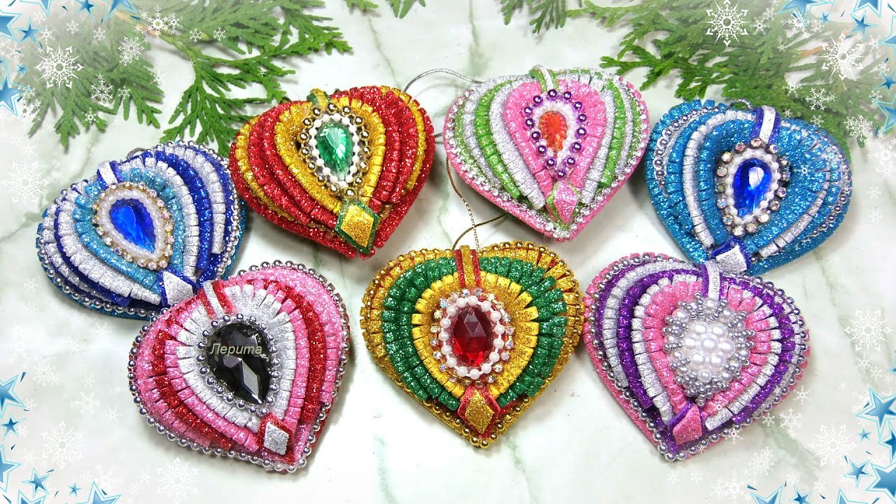 Ёлочные игрушки сердечки из фоамирана ❤ diy heart christmas ornaments glitter foam