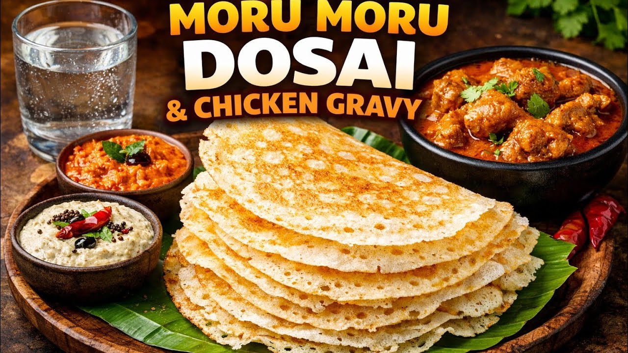 Night Dinner Special | Moru Moru Dosai with Coconut Chutney, Thakkali Chutney & Chicken Gravy