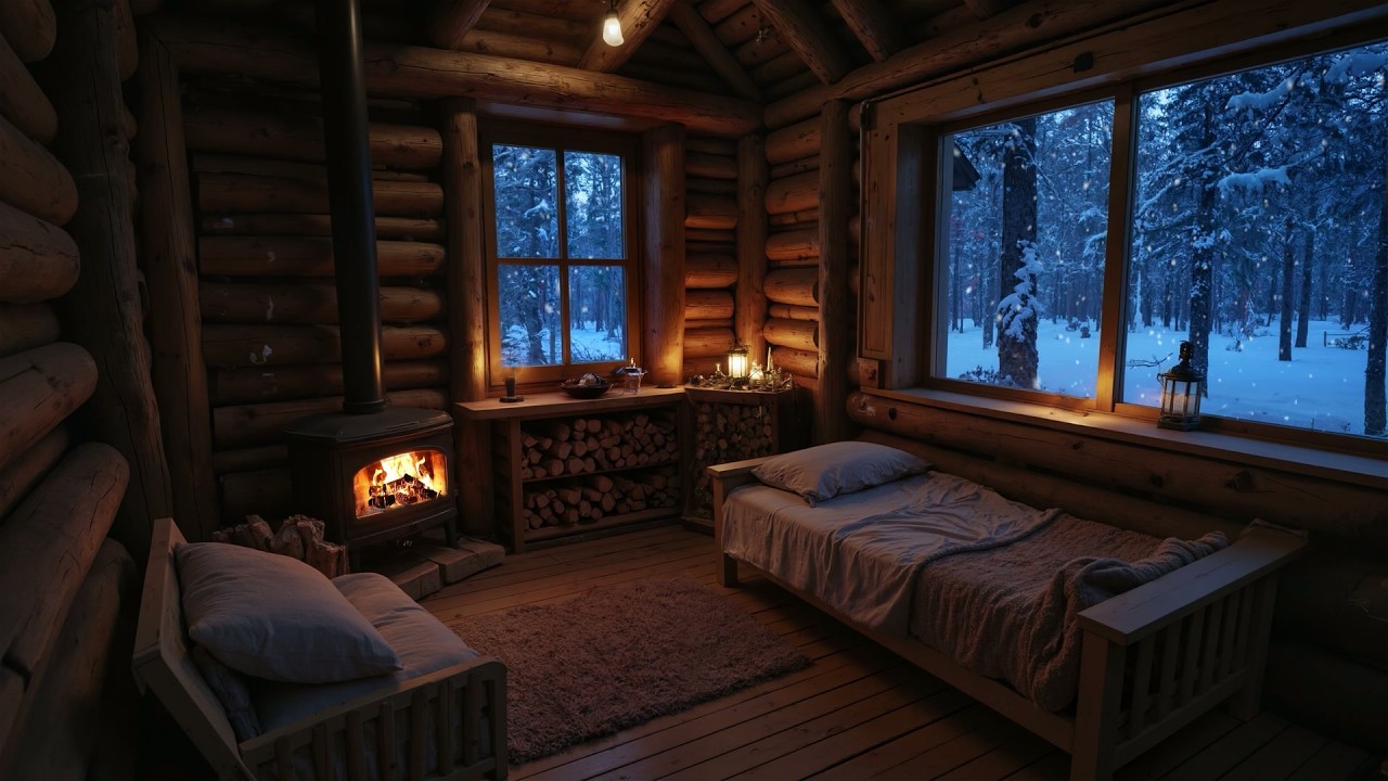 Winter Cabin at Night ❄️🔥 | Fireplace Glow, Snowy Forest View & Relaxing Fire Sounds