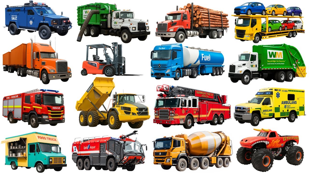 Грузовики для детей 🚚 | Изучаем названия и звуки транспортных средств | Пожарная машина, мусорово...