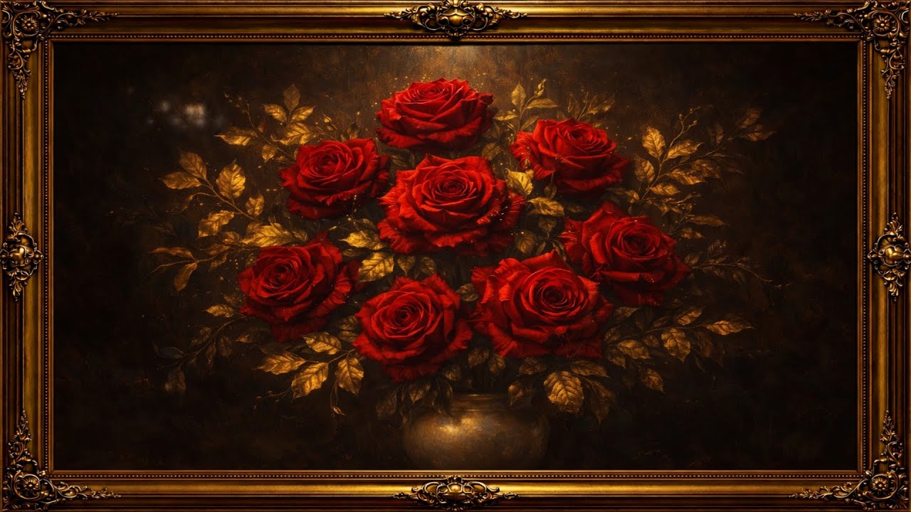 Timeless Red Roses in Golden Frame | Romantic Luxury Floral Art | 4K TV Wall Ambience