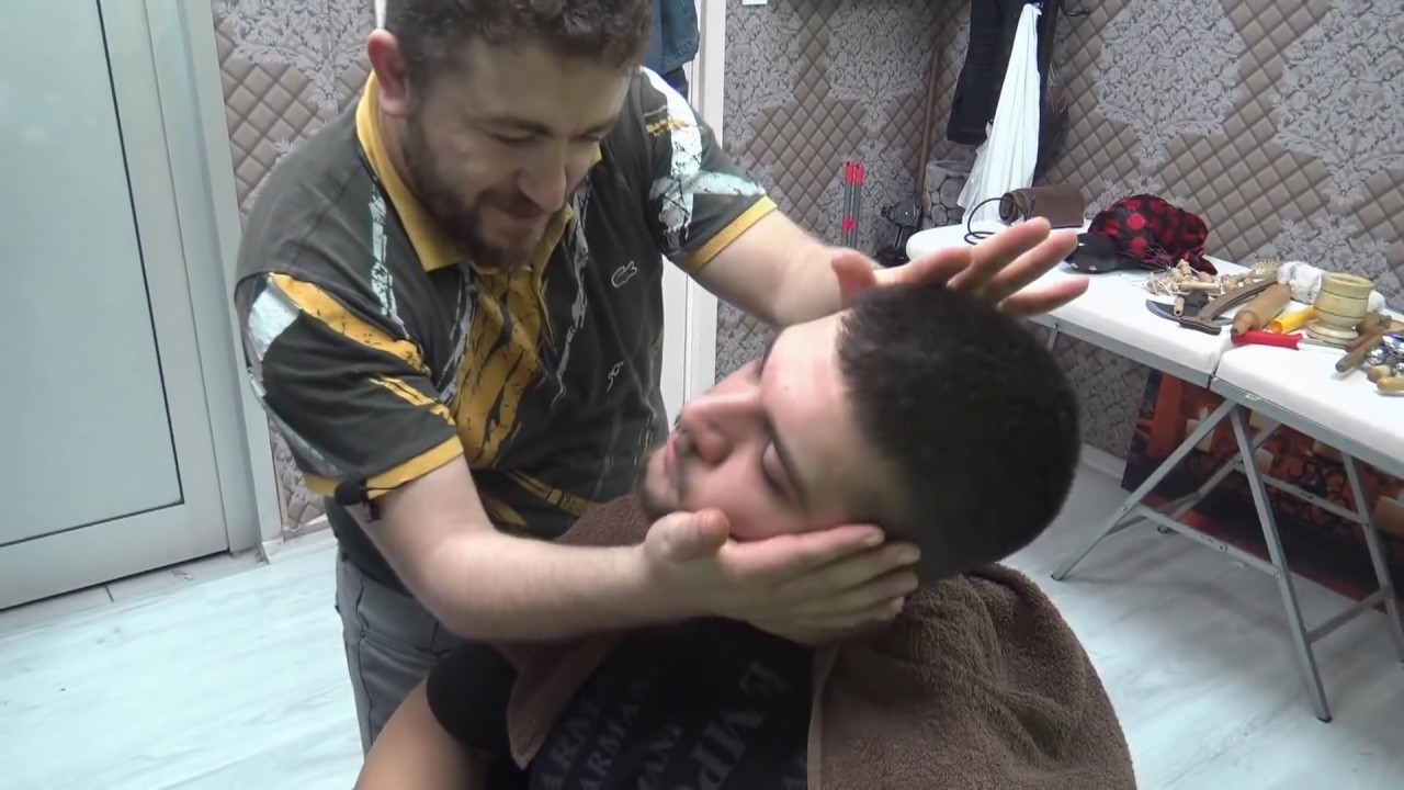 ASMR TURKISH BARBER MASSAGE=NECK CRACK=EAR BURN=head,back,arm,palm,ear,neck,face,rolling pin massage