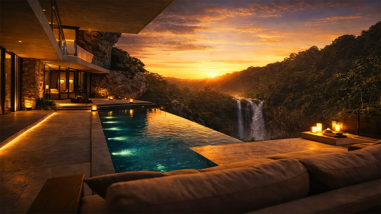 Luxury Infinity Pool Villa 🌴 Sunset Ambience & Smooth Jazz 🎷 4K