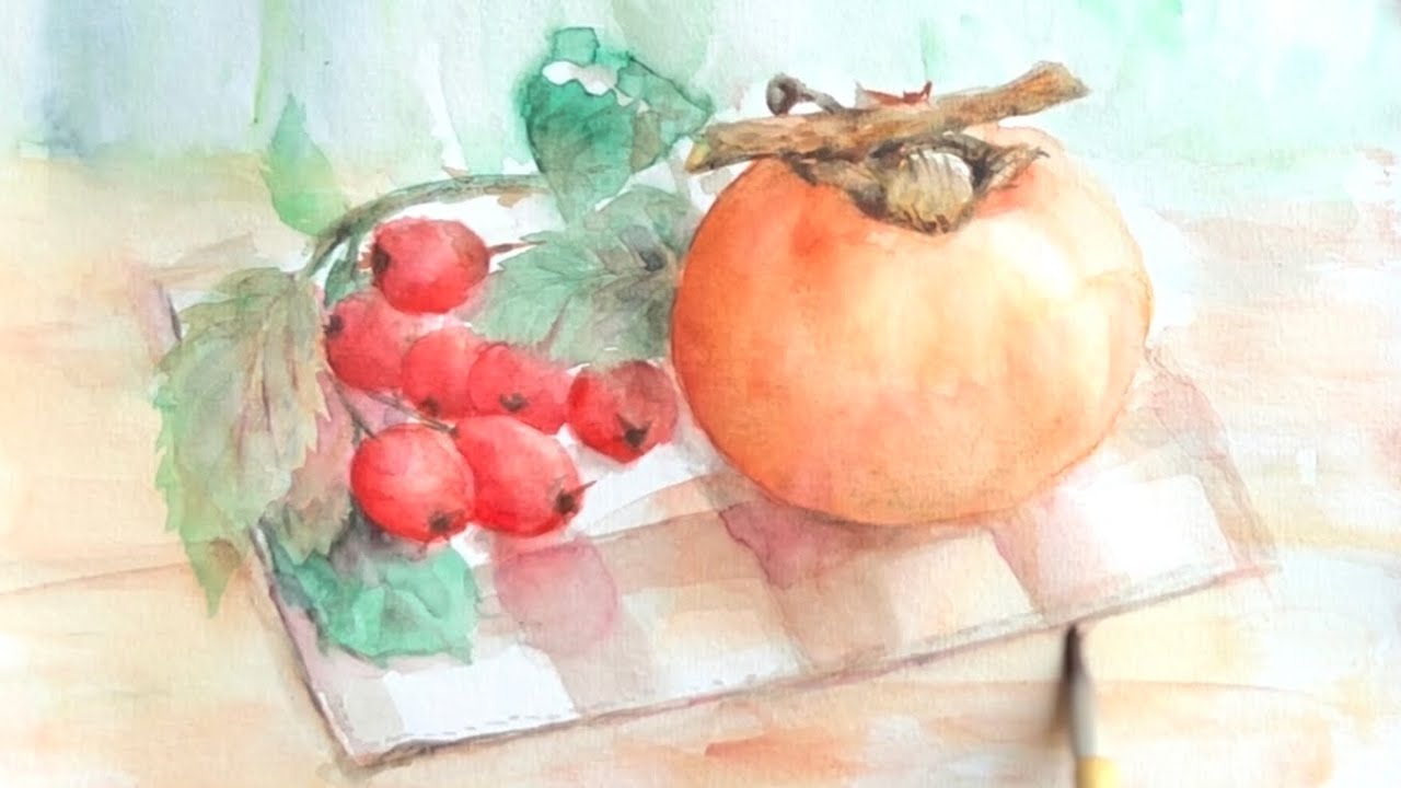 [水彩画]柿とサンザシを描く/watercolorpainting /制作過程