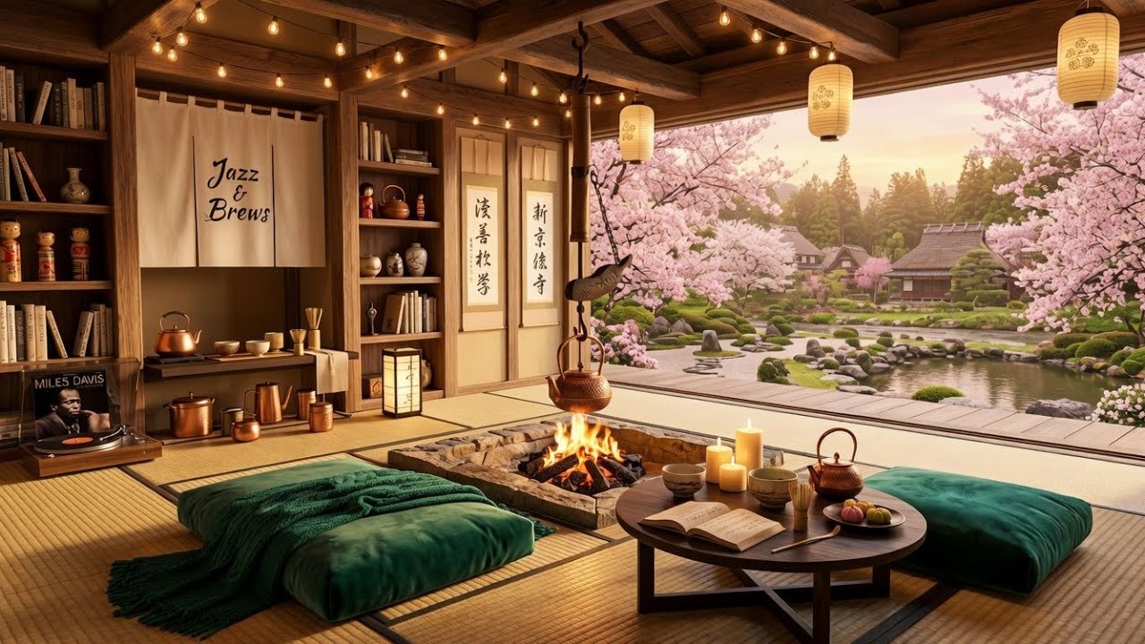 睡眠・リラックスBGM 🌸 桜咲く日本家屋と川のせせらぎ | Smooth Jazz for Sleep, Irori Fireplace & River Sounds