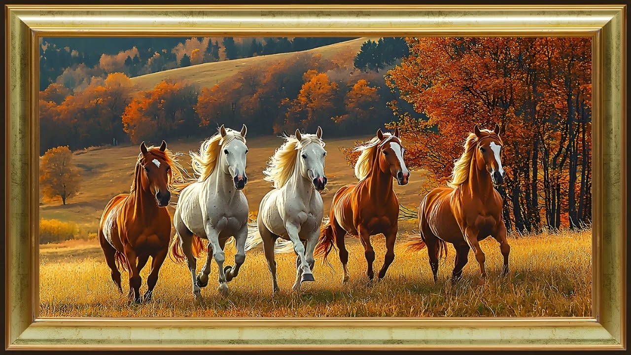 Handsome Horses Running in Autumn Meadow, Rustic Oil Painting | Framed TV Art Screensaver