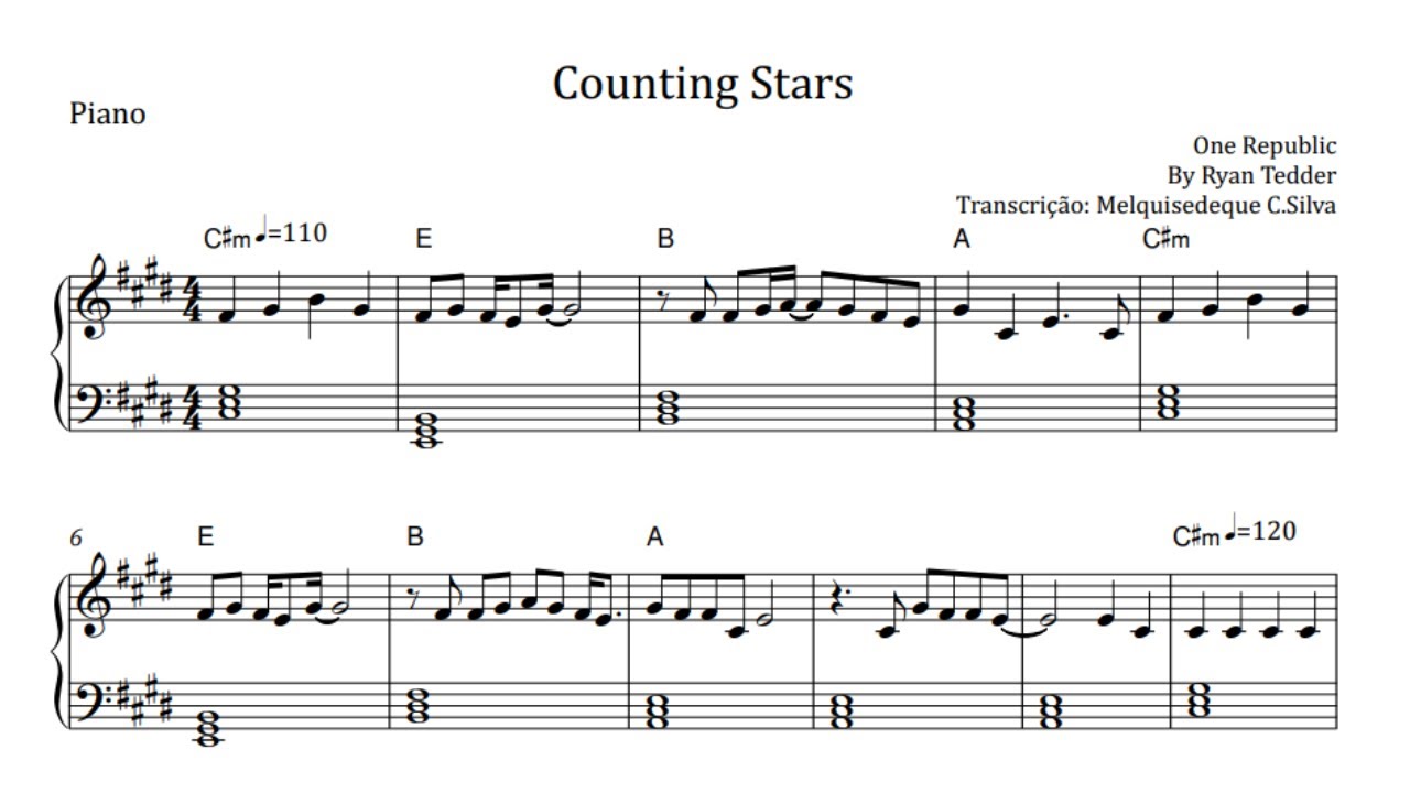 One Republic - Counting Stars - Arranged for solo piano, with music sheet