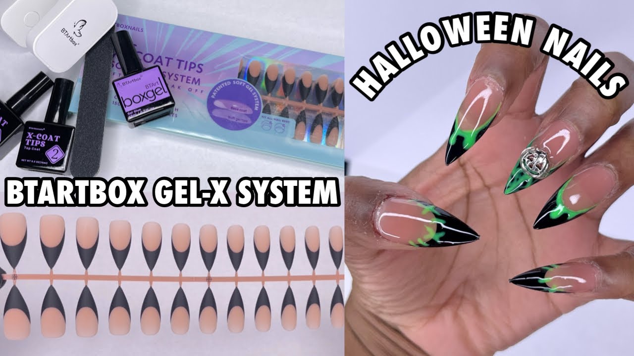 BTARTBOX 3-in-1 Soft Gel Nails | Easy Pre Made Black French Tip Design | Easy Halloween Nails
