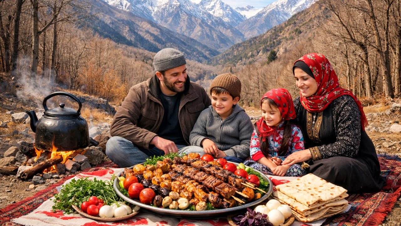 Simple rural life, a beautiful day with family in the mountains of Iran