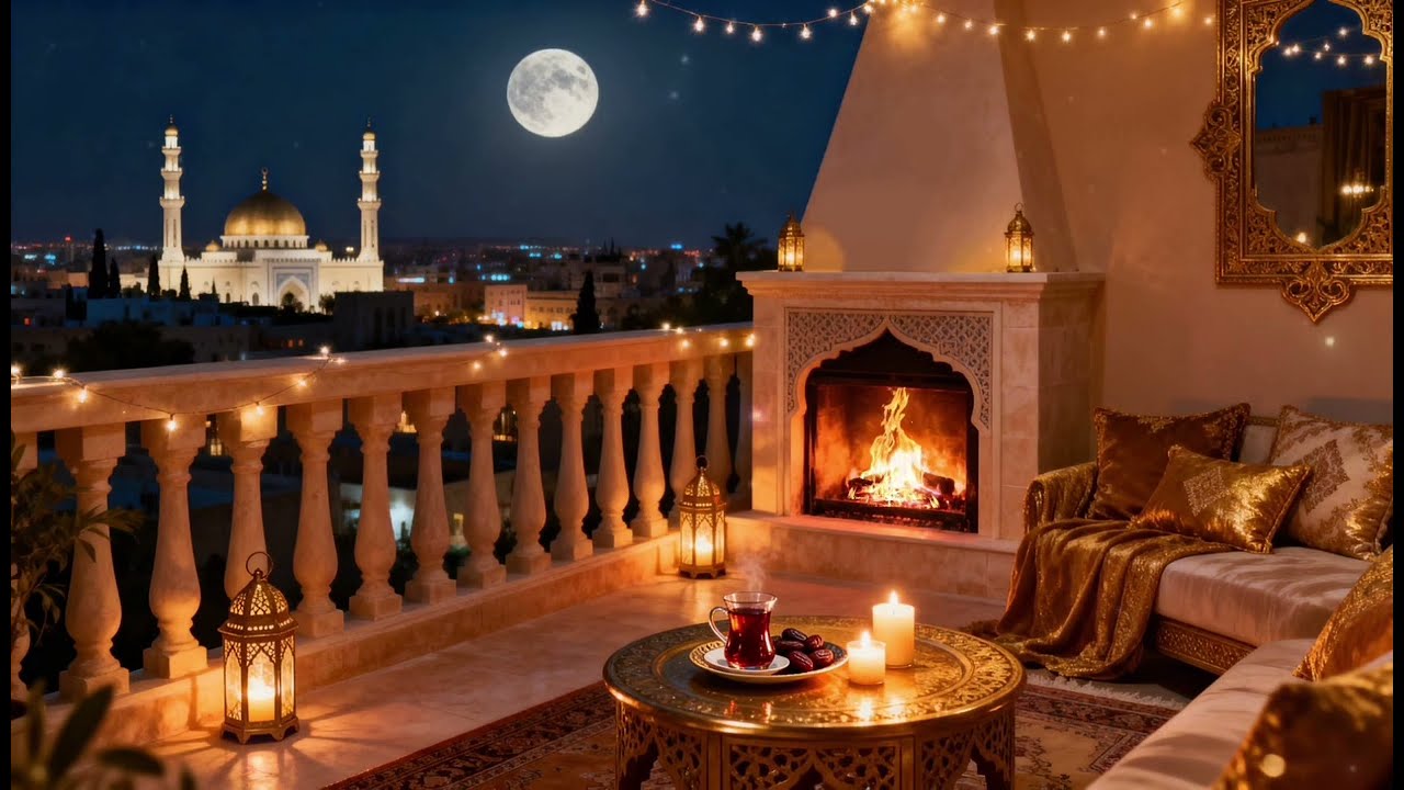 Full Moon Ramadan Iftar ambience🌕cozy fireplace sounds aesthetic background wallpaper