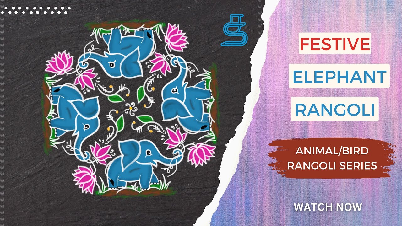 #58 Easy Elephant Rangoli with Dots | யானை கோலம் | பூ கோலம் | Elephant & Lotus Flowers Pulli Kolam
