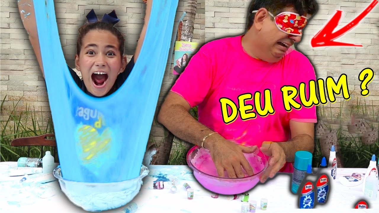 DESAFIO BELA BAGUNÇA FAZ SLIME DE OLHOS FECHADOS COM O PAPAI (QUEM GANHOU???) - Bela Bagunça