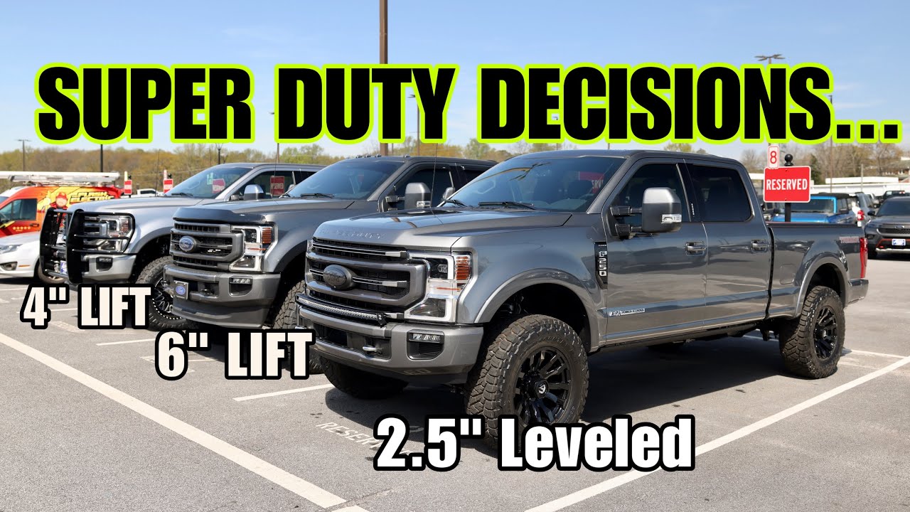 Сравнение подъемов Ford SUPER DUTY — 2,5 дюйма в ровном положении против 4–6 дюймов с подъемом на...