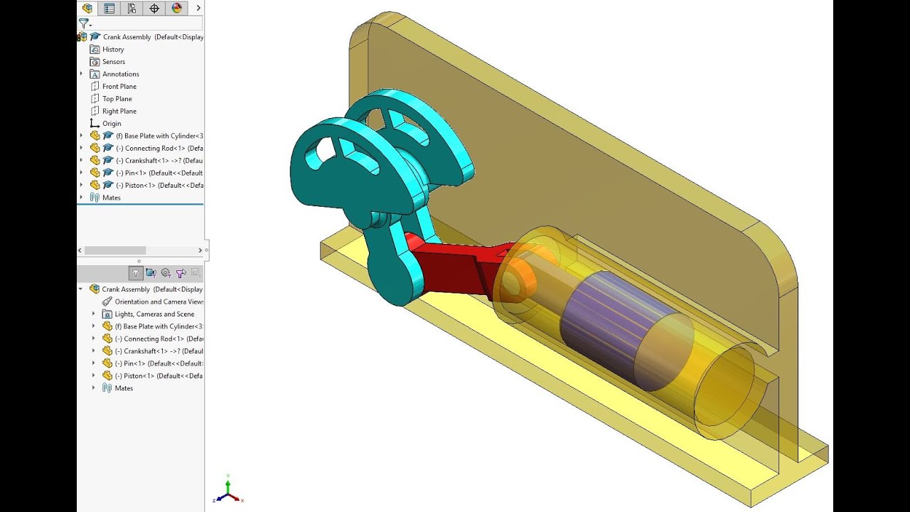 Базовая анимация в SolidWorks с ключевыми точками и прозрачностью.