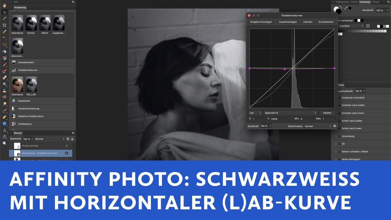 Affinity Photo: Schwarzweissbild mit horizontaler (L)-AB-Kurve erstellen