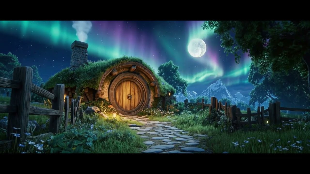 Peaceful Fantasy Night Ambience 🌙 Hobbit Home, Northern Lights & Relaxing Music