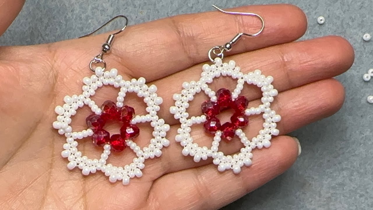 Aretes de flor con mostacillas y cristales fácil de hacer #parati #love #tutorial #hechoamano #red 