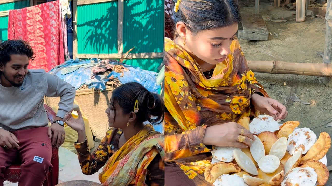 শীতের সকাল গ্রামের বাড়িতে পিঠার আয়োজন। 