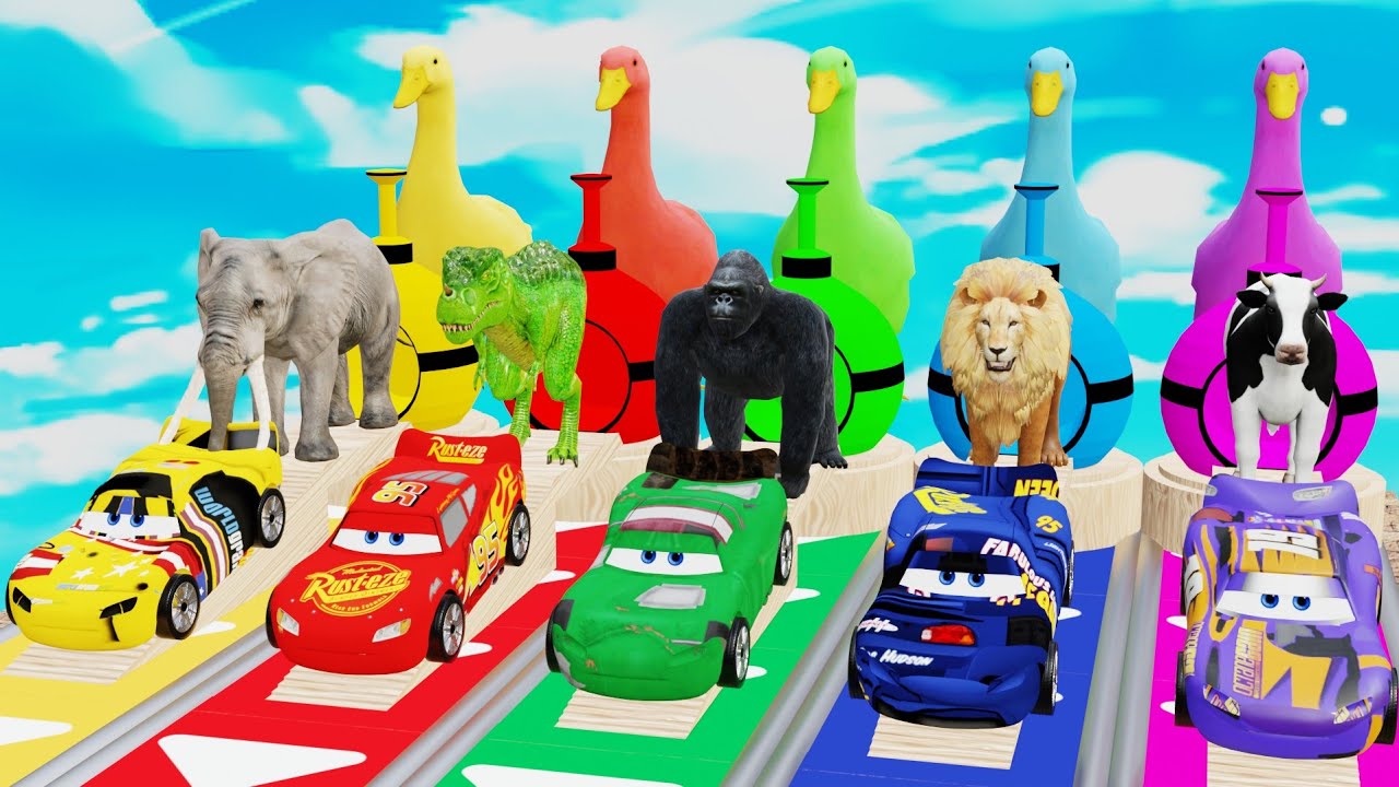 5 Giant Duck Cartoon, Cow, Elephant, Lion, Dinosaur, Paint Wild Animals Crossing Fountain Animation