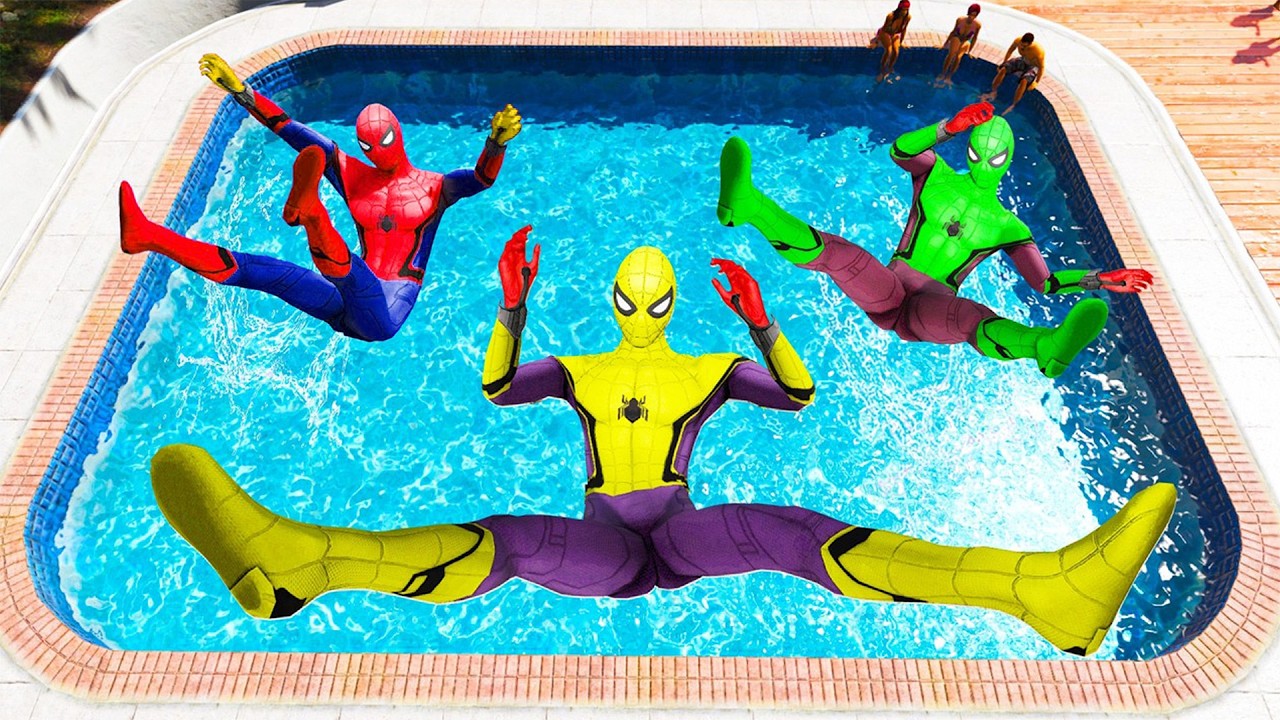 GTA 5 Rainbow Pink Vs Yellow & Red Spiderman Jumping into Pool (Euphoria Physics/Ragdolls) #1