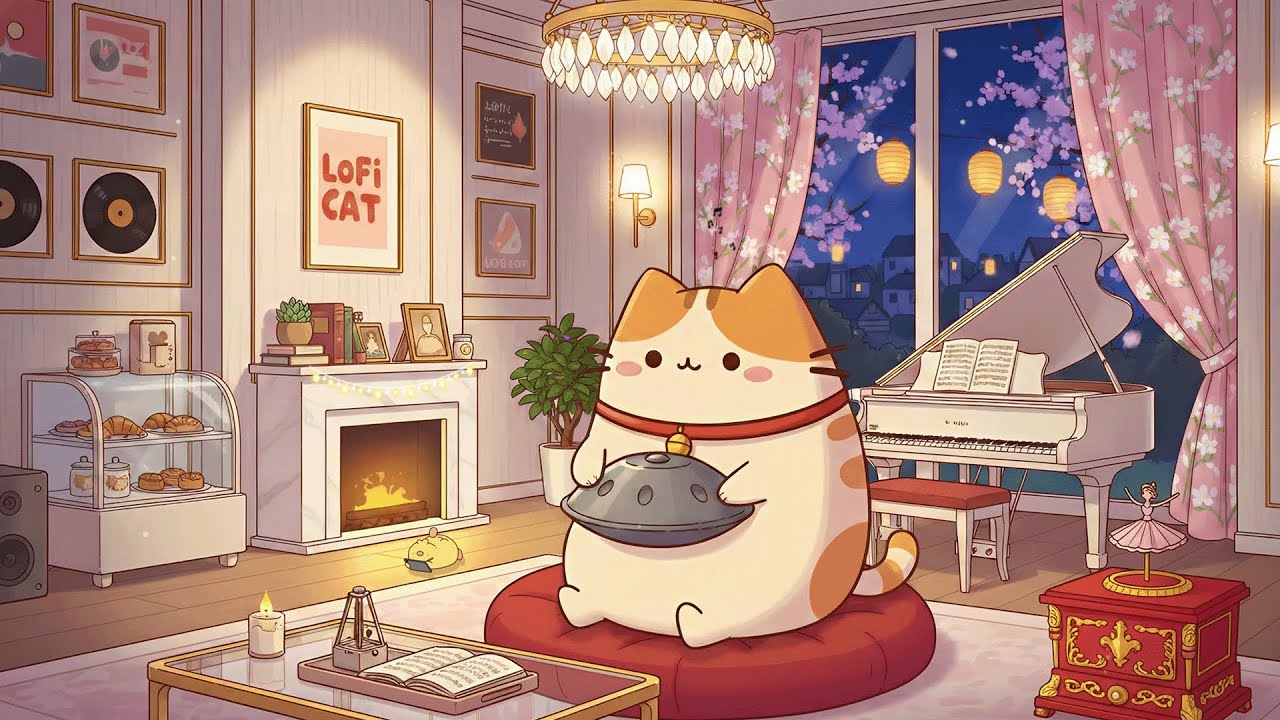 Pusheen’s Cozy Spring Evenings 🌸🌙 Lofi Relaxing Beats for Sleep & Chill 🎧 Cityscape View
