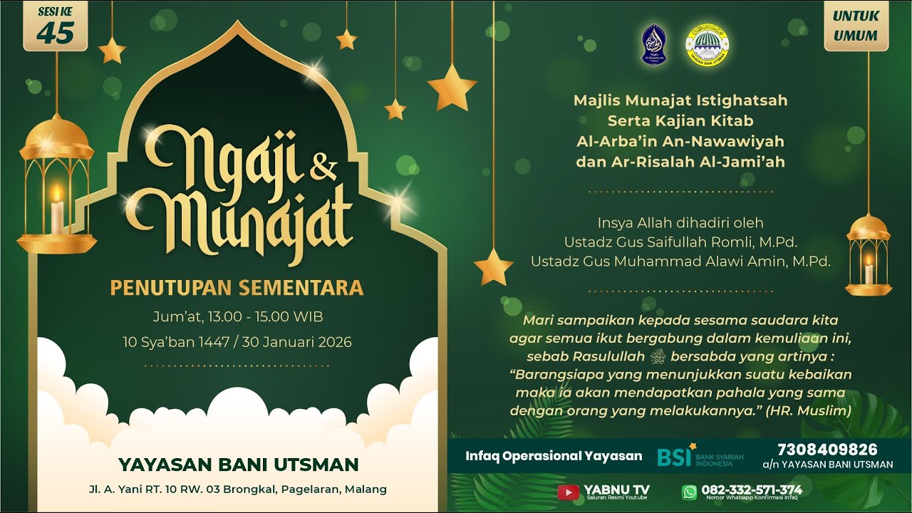 LIVE || MAJLIS MUNAJAT ISTIGHOTSAH DAN KAJIAN KITAB || YAYASAN BANI UTSMAN || 30 JANUARI 2026