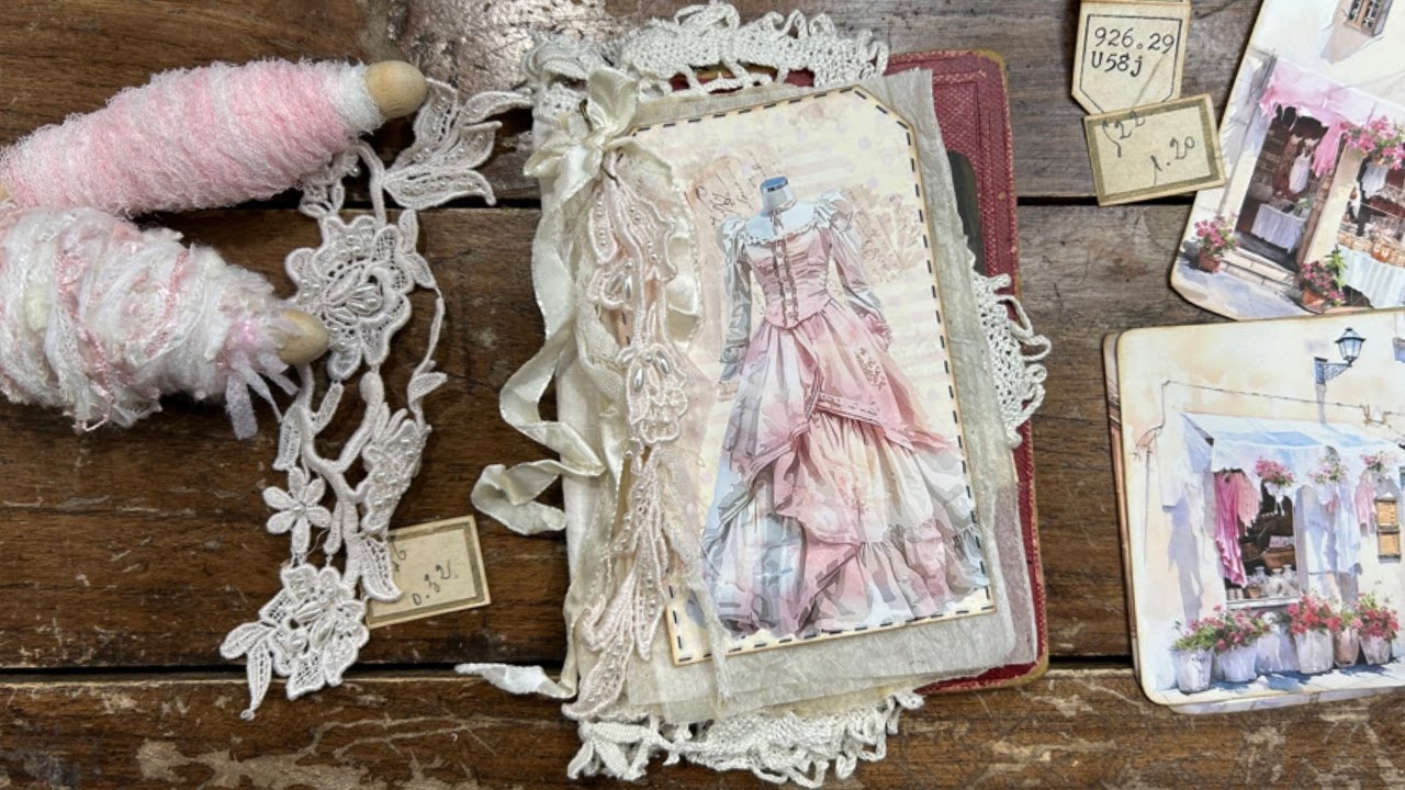 A Shabby Chic junk journal cover made out of a vintage book cover, The Dress Maker book.
