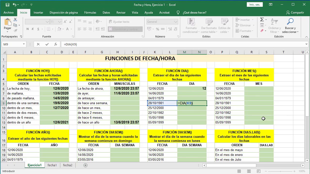 Funciones de Fecha y Hora en Excel, parte 1
