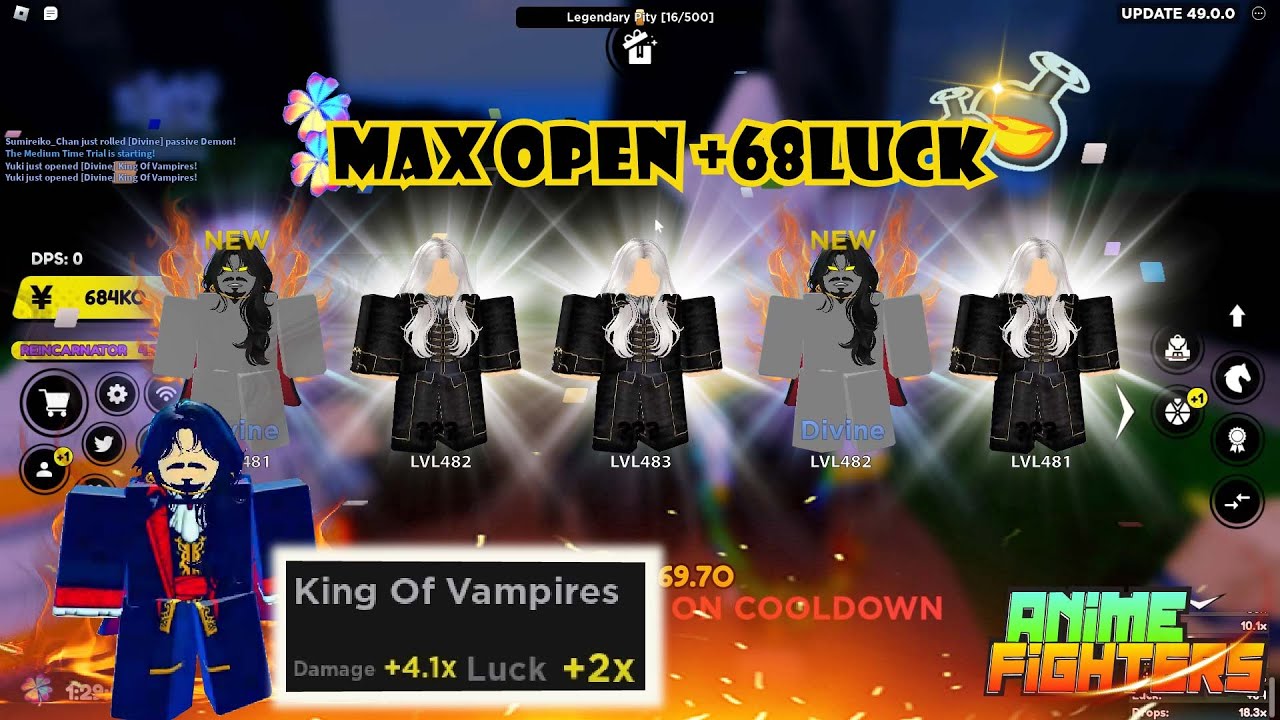 Max Open +68LUCK New Update 49 Got New Divine [KING OF VAMPIRES]!! 2 CODE!! Anime Fighters Simulator