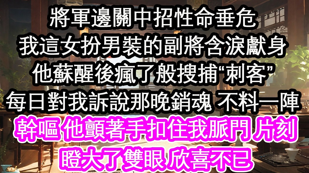 將軍邊關中招性命垂危我這女扮男裝的副將含淚獻身他蘇醒後瘋了般搜捕“刺客”每日對我訴說那晚銷魂 不料一陣幹嘔 他顫著手扣住我脈門 片刻瞪大了雙眼 欣喜不已【花開】【愛情】【生活】