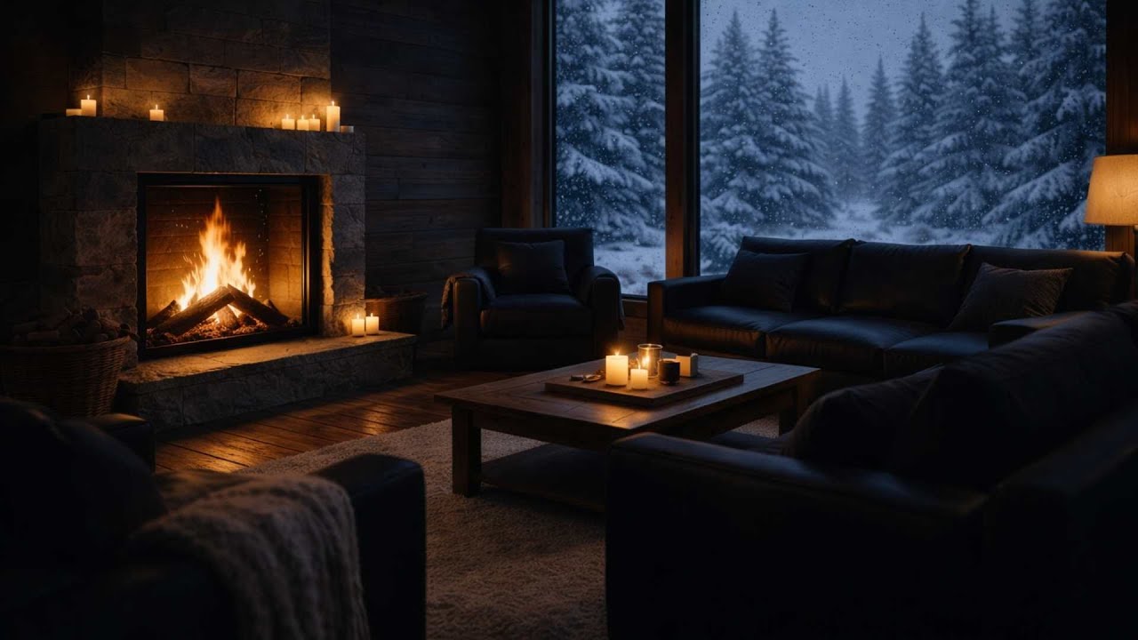 Winter Cabin Ambience ❄️ | Fireplace, Candles & Snowfall | Calm & Cozy (1 Hour)