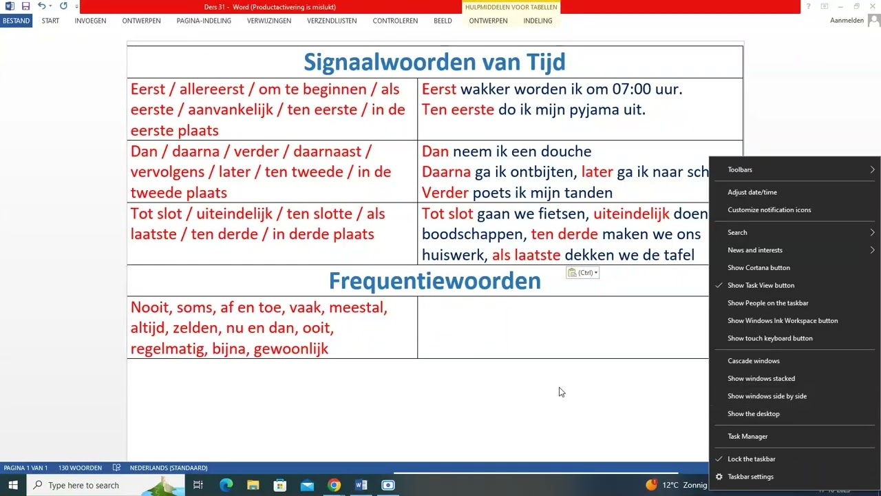 Ders 31. Hollandaca Silsile ve Sıklık Belirten Kelimeler, Signaalwoorden van Tijd &Frequentiewoorden