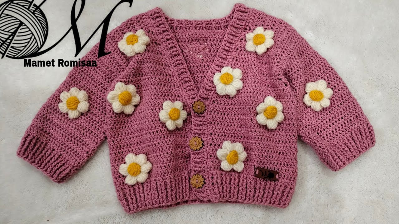 جاكت كروشيه للاطفال بالورود المنتفخة