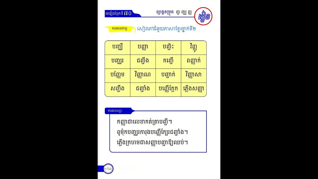 សៀវភៅជំនួយភាសាខ្មែរថ្នាក់ទី២ ព្យាង្គតម្រួត ( ញ្ជ ញ្ឈ ញ្ញ ) #ទំព័រទី១៥០ #viral #video #fyp #foryou
