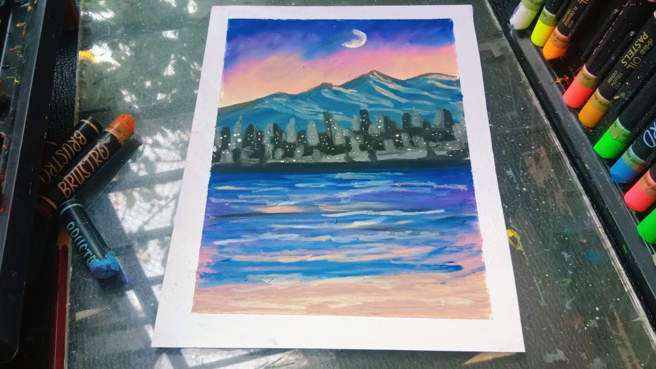 Oil Pastel drawing Sunset Easy | Pastel drawing Sunset scenery 