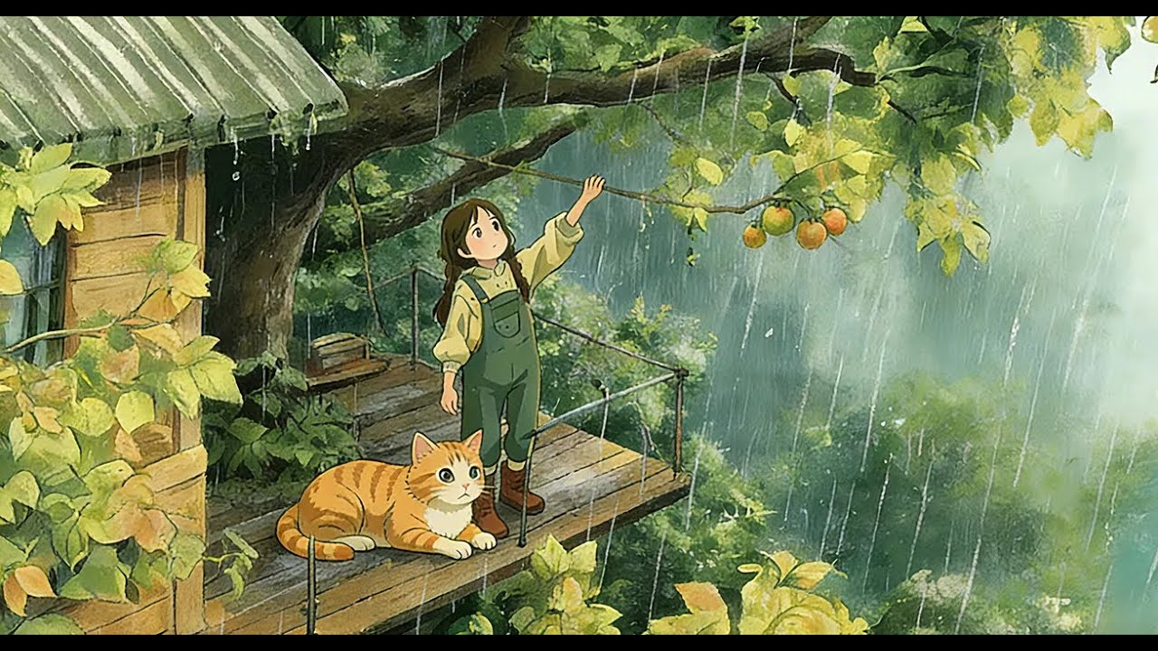 Living Alone in a Secret Treehouse | Rain ASMR & Forest Life | Ghibli-Inspired Animation with a Cat