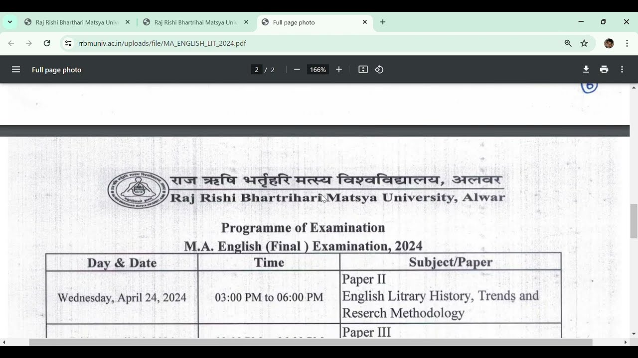 RRBMU PG time table  2024