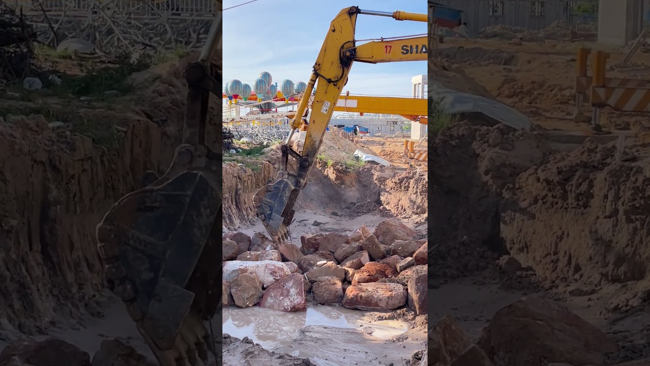 Compacting crushed stone using excavator 