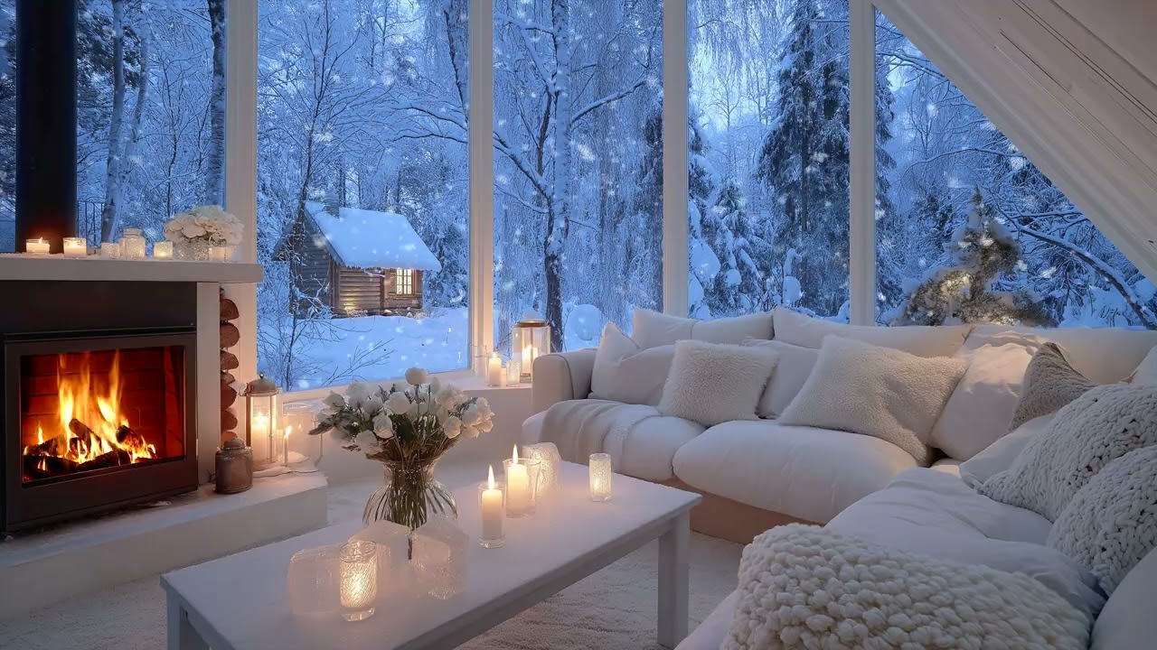 🎹🔥 4 Hours of Soothing Candlelight Piano in White Lounge with Flowers & Snow for Focus & Calm