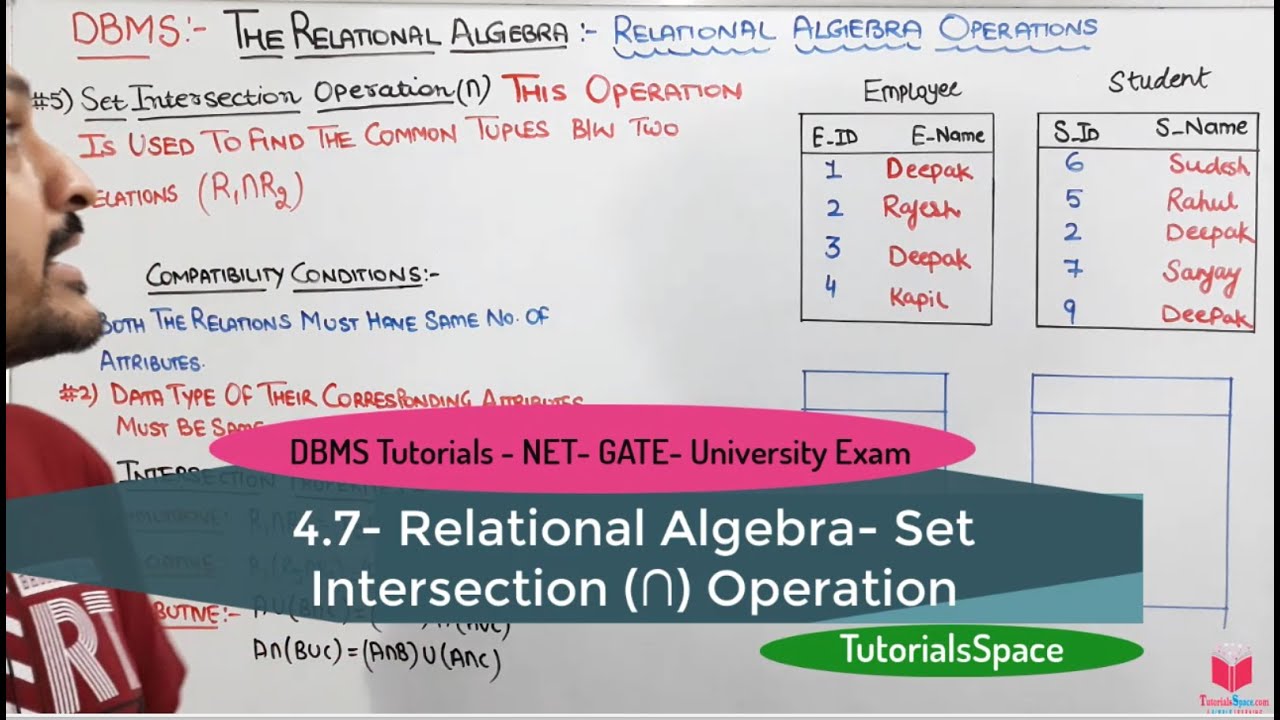 4.7- Set Intersection ∩ Operation In Relational Algebra In DBMS | Relational Algebra In DBMS