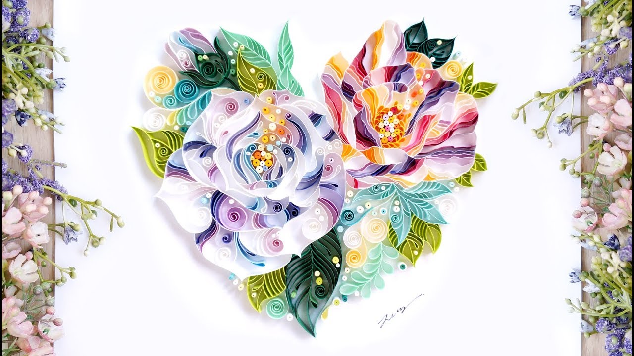 Flower Heart Quilling with Piano Music. Color Art. Quiling. 花ハートクイリング。마음의꽃 페이퍼퀼링